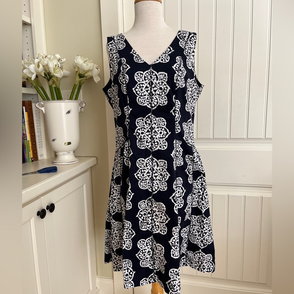 Nine West Navy Blue White Patterned A-Line Dress